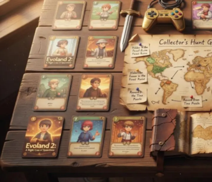 Zestaw kart i przedmiotów kolekcjonerskich w Evoland 2