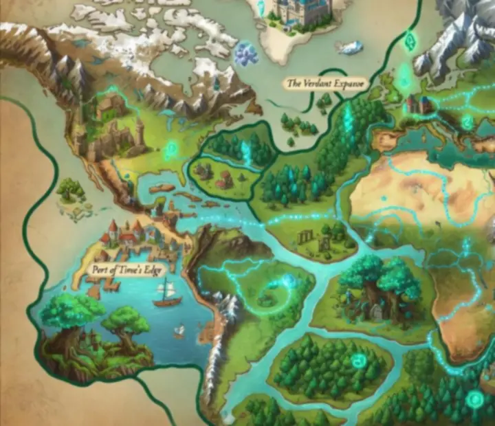 Stylizowana mapa świata Evoland 2 z zaznaczonymi kluczowymi lokacjami i trasami przejścia